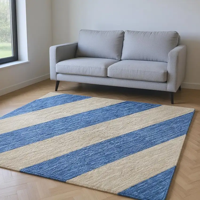 Tan And Blue Striped Washable Area Rug With UV Protection Photo 2