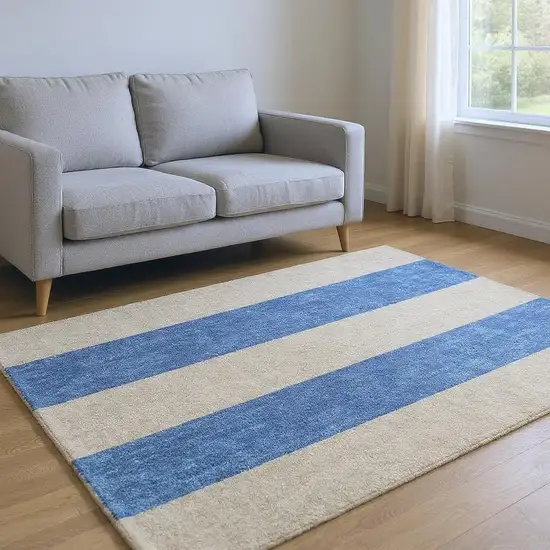 Tan And Blue Striped Washable Area Rug With UV Protection Photo 2