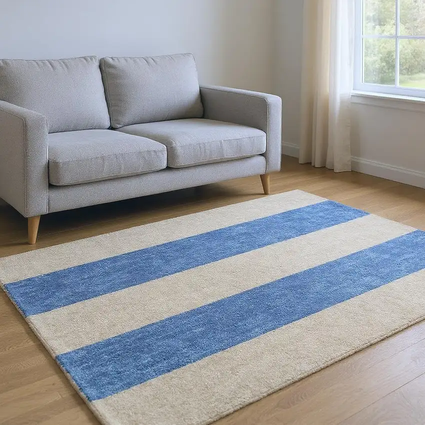 Tan And Blue Striped Washable Area Rug With UV Protection Photo 2