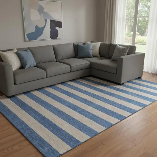 Tan And Blue Striped Washable Area Rug With UV Protection Photo 1