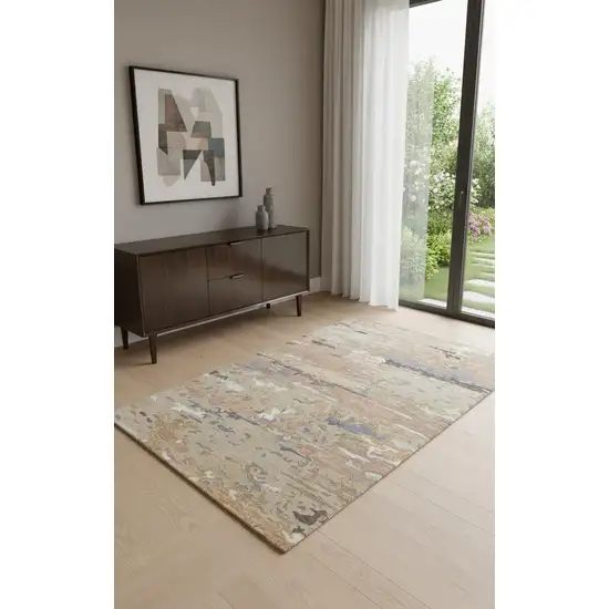 Tan And Blue Wool Abstract Tufted Handmade Stain Resistant Area Rug Photo 1