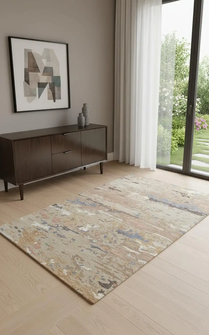 Tan And Blue Wool Abstract Tufted Handmade Stain Resistant Area Rug Photo 1