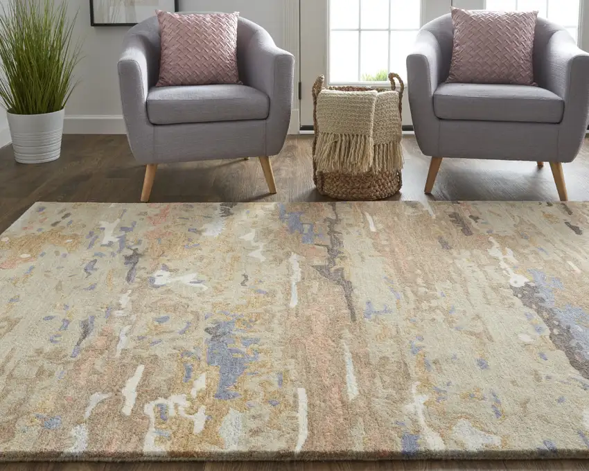 Tan and Blue Wool Abstract Hand Tufted Area Rug Photo 9