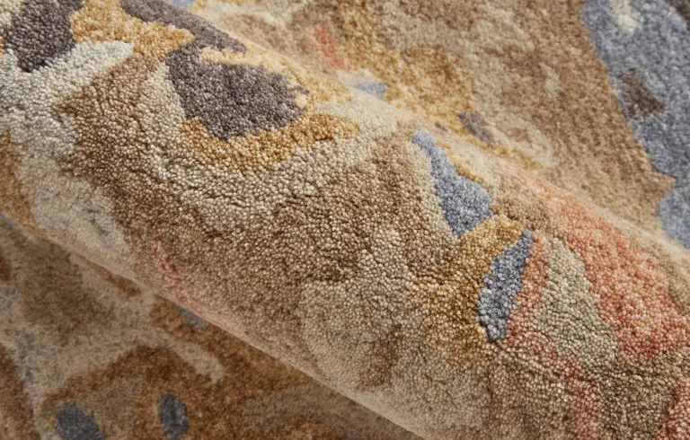 Tan And Blue Wool Abstract Tufted Handmade Stain Resistant Area Rug Photo 1