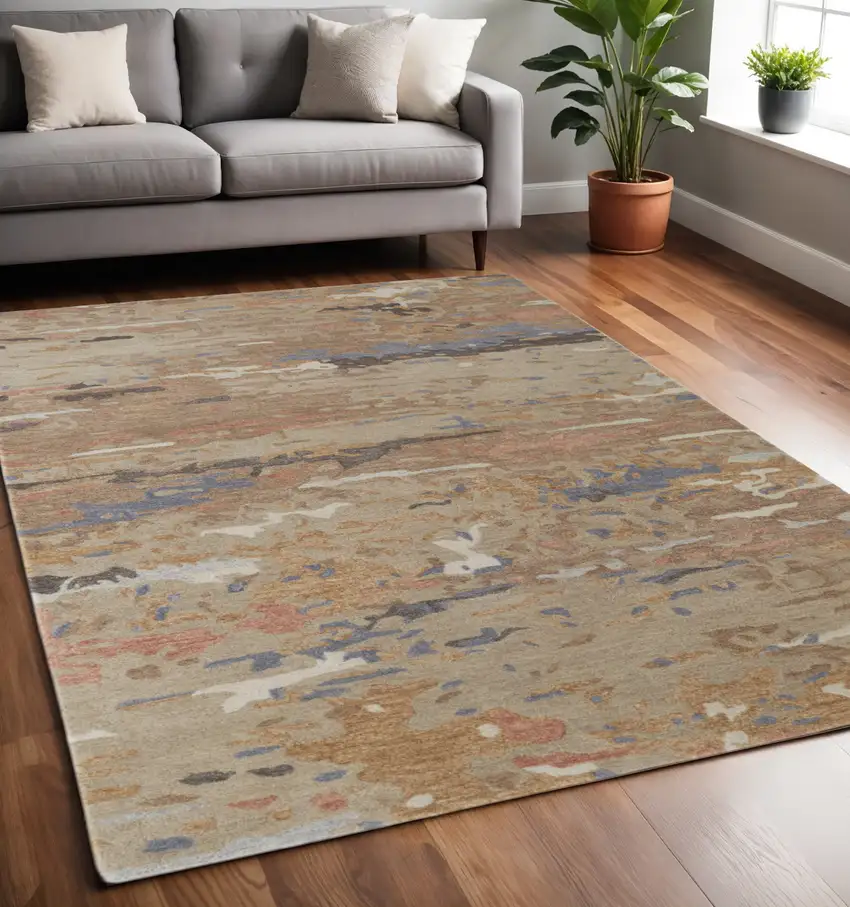 Tan and Blue Wool Abstract Hand Tufted Area Rug Photo 1