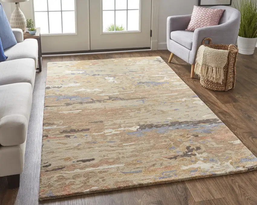 Tan And Blue Wool Abstract Tufted Handmade Stain Resistant Area Rug Photo 6