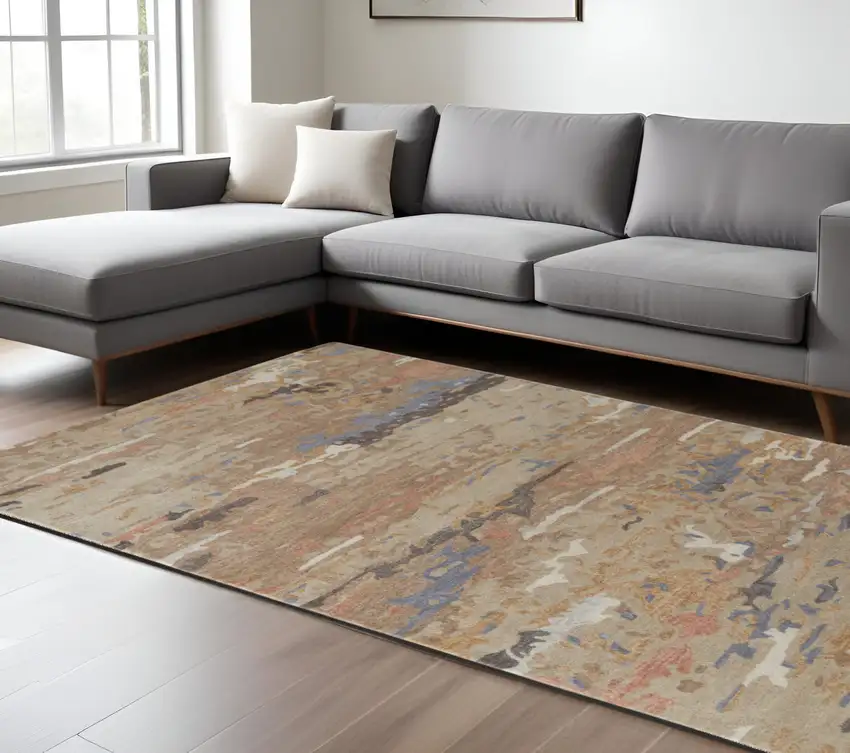 Tan and Blue Wool Abstract Hand Tufted Area Rug Photo 1