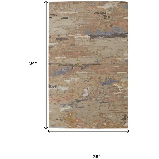 Tan And Blue Wool Abstract Tufted Handmade Stain Resistant Area Rug Photo 3