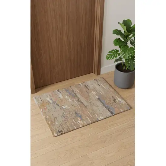 Tan And Blue Wool Abstract Tufted Handmade Stain Resistant Area Rug Photo 1