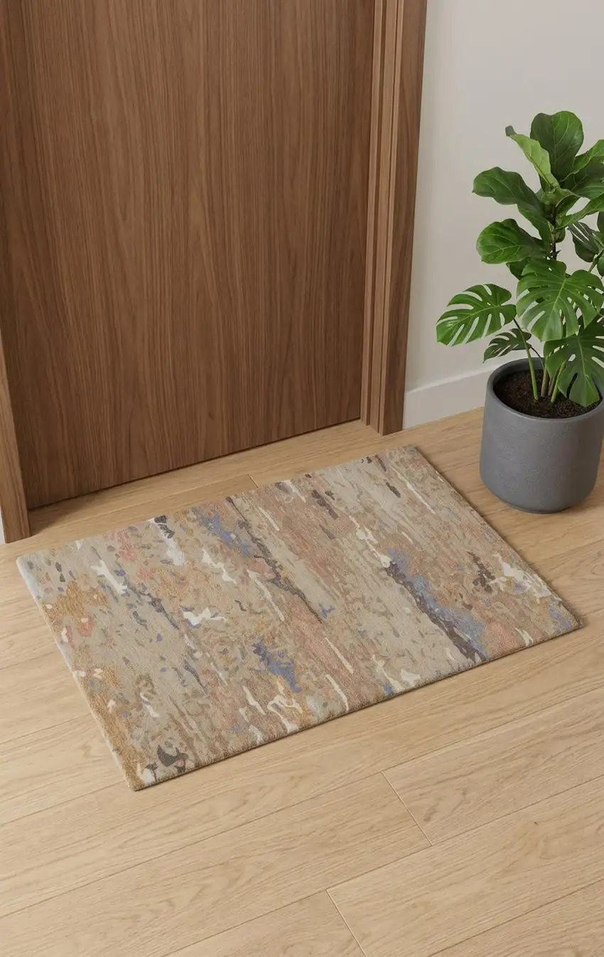 Tan And Blue Wool Abstract Tufted Handmade Stain Resistant Area Rug Photo 1