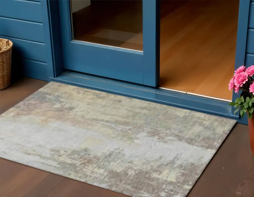 Tan And Brown Abstract Washable Indoor Outdoor Area Rug Photo 2