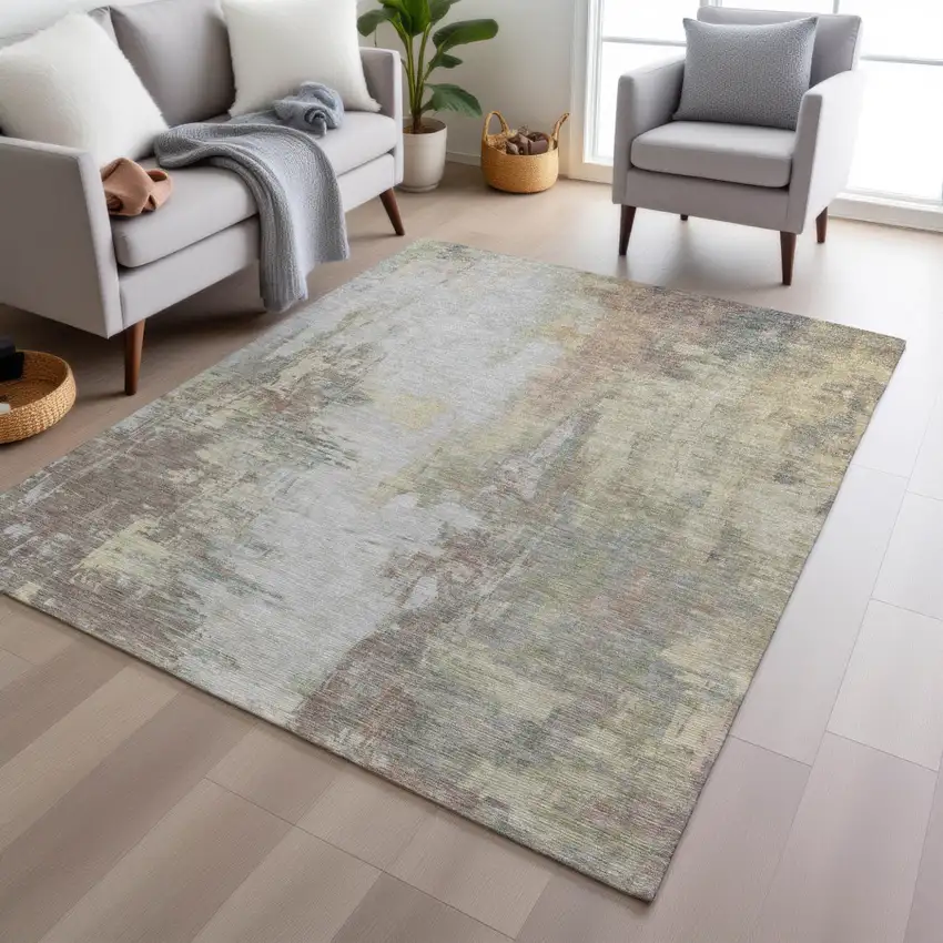 Tan And Brown Abstract Washable Indoor Outdoor Area Rug Photo 7