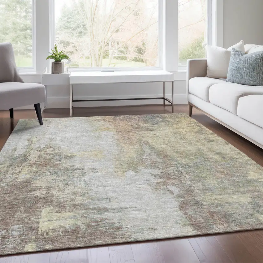 Tan And Brown Abstract Washable Indoor Outdoor Area Rug Photo 8