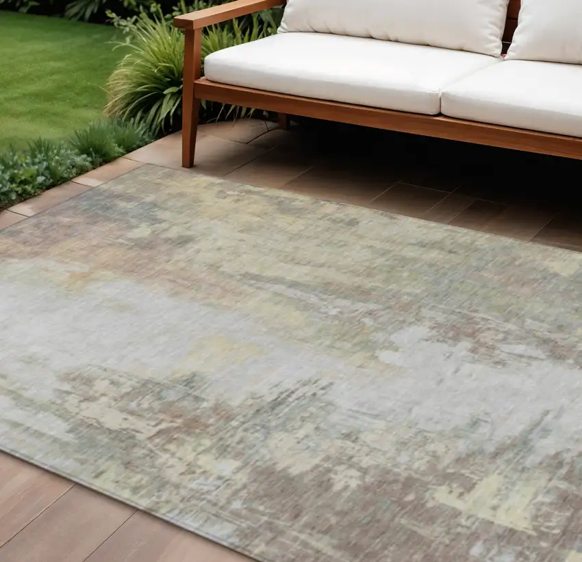 Tan And Brown Abstract Washable Indoor Outdoor Area Rug Photo 2