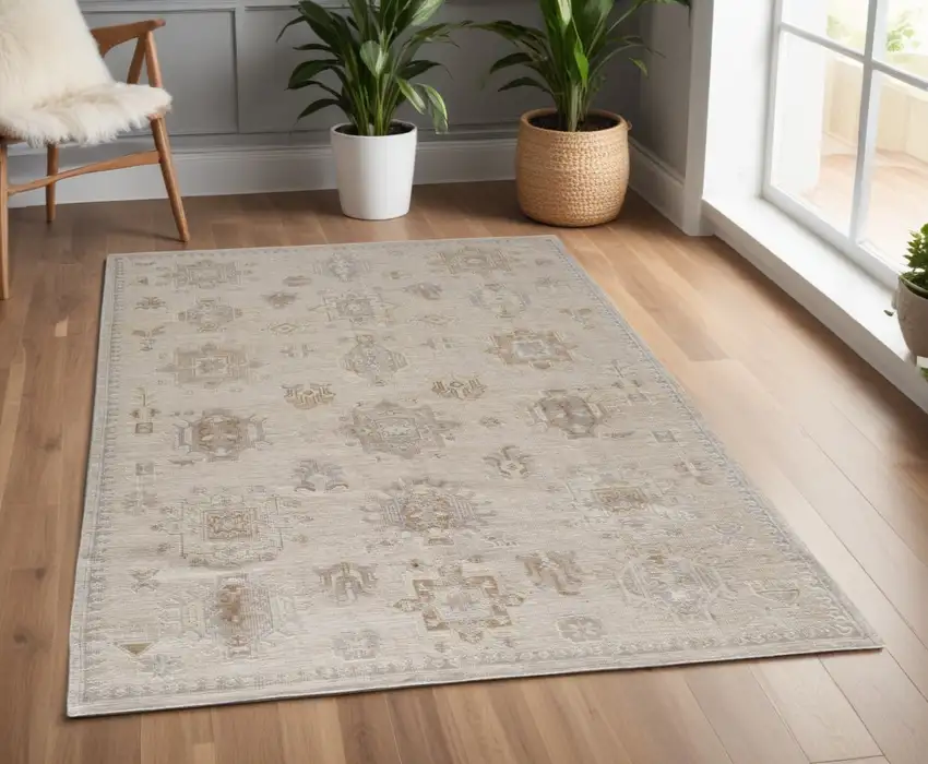 Tan and Brown Floral Hand Knotted Area Rug Photo 1