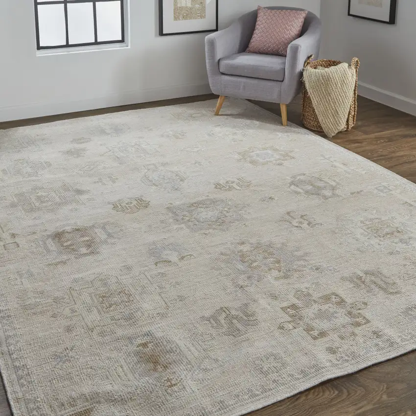 Tan And Brown Floral Hand Knotted Stain Resistant Area Rug Photo 4