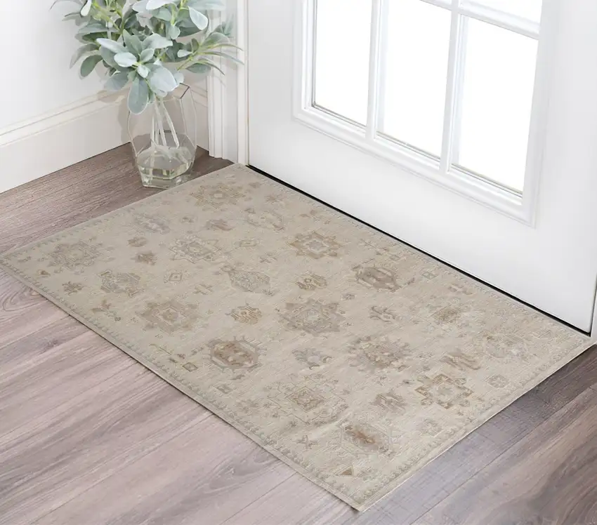 Tan And Brown Floral Hand Knotted Stain Resistant Area Rug Photo 1