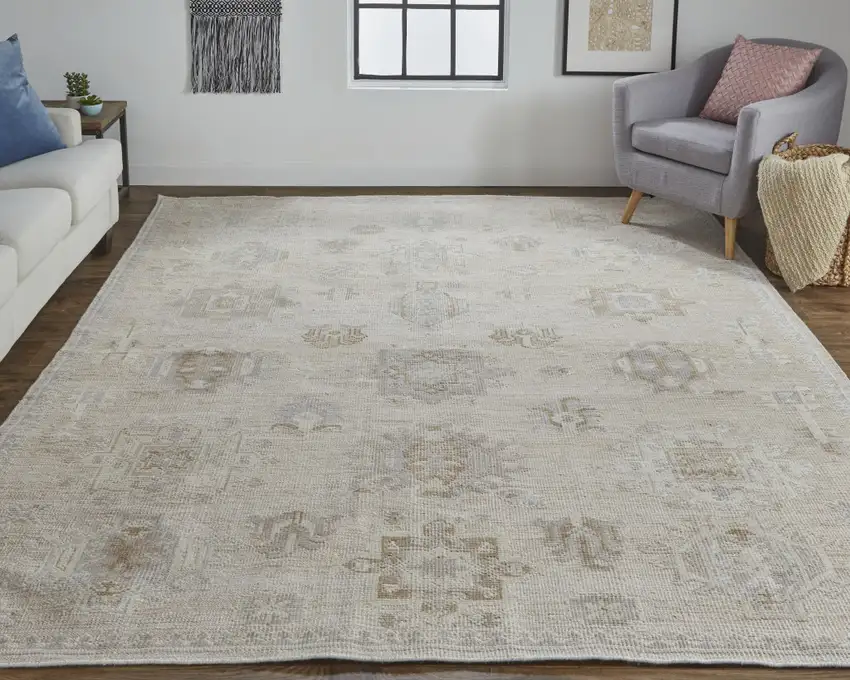 Tan And Brown Floral Hand Knotted Stain Resistant Area Rug Photo 2