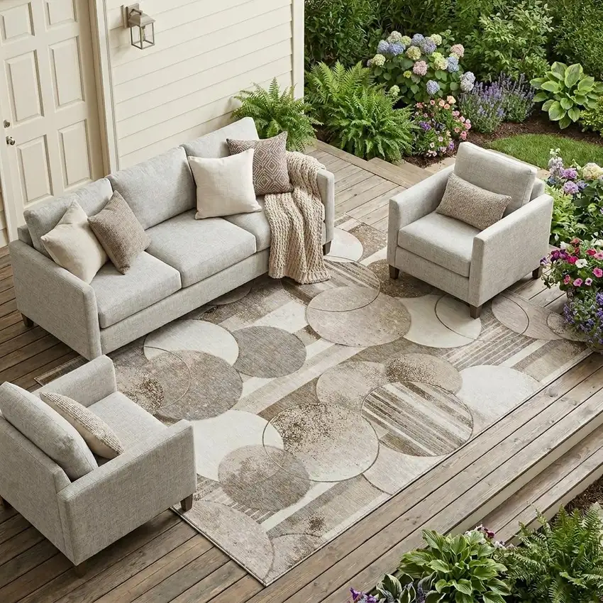 Tan And Brown Geometric Washable Indoor Outdoor Area Rug Photo 1