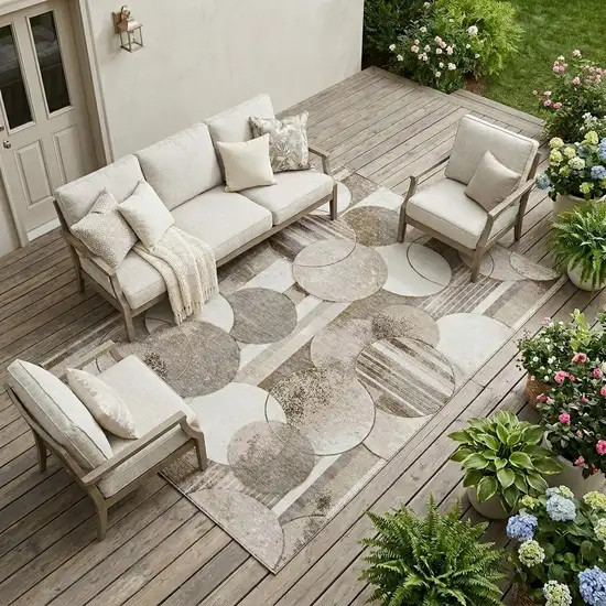 Tan And Brown Geometric Washable Indoor Outdoor Area Rug Photo 1