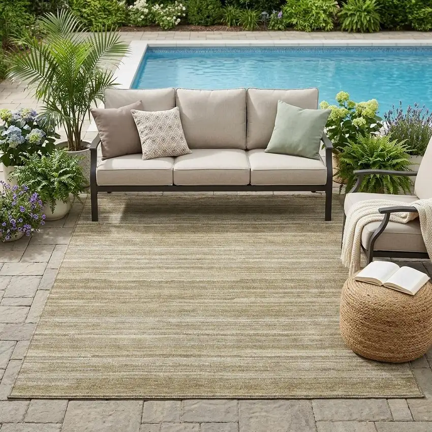 Tan And Brown Striped Washable Indoor Outdoor Area Rug Photo 1