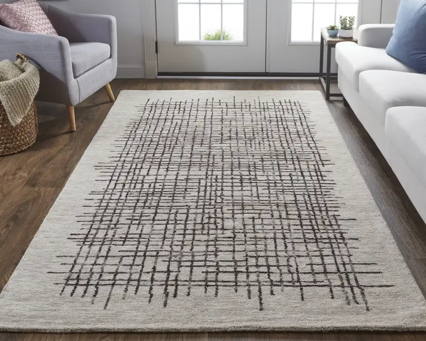 Tan And Brown Wool Plaid Tufted Handmade Stain Resistant Area Rug Photo 6