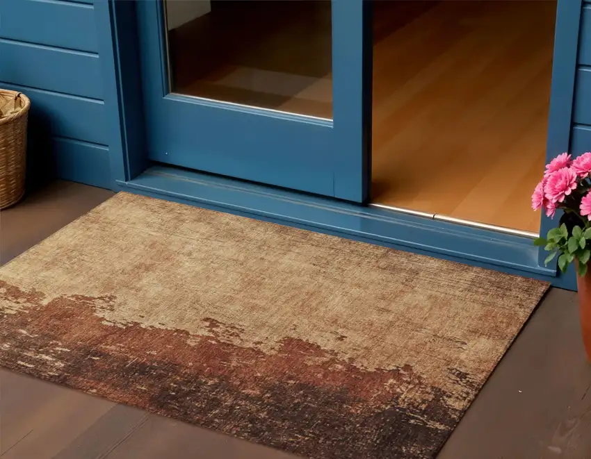 Tan And Copper Abstract Washable Indoor Outdoor Area Rug Photo 2