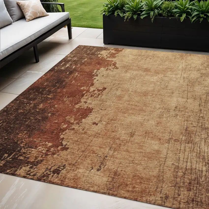 Tan And Copper Abstract Washable Indoor Outdoor Area Rug Photo 1