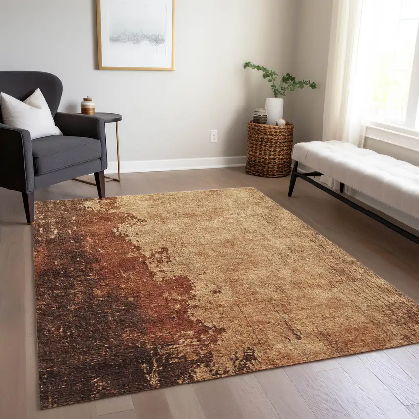 Tan And Copper Abstract Washable Indoor Outdoor Area Rug Photo 7