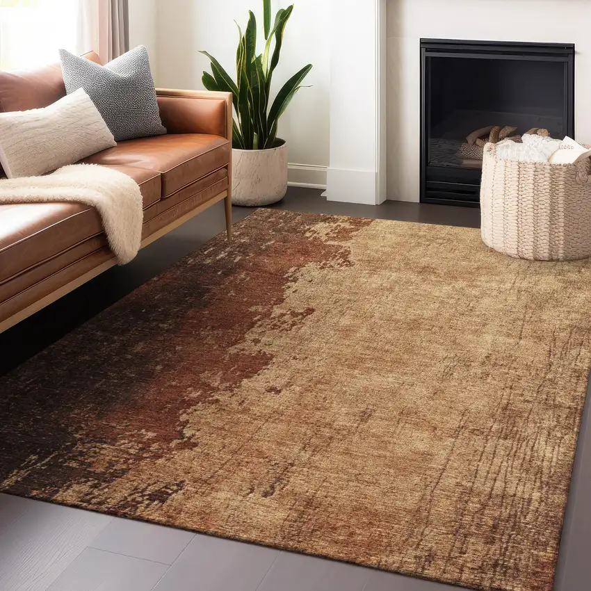 Tan And Copper Abstract Washable Indoor Outdoor Area Rug Photo 6