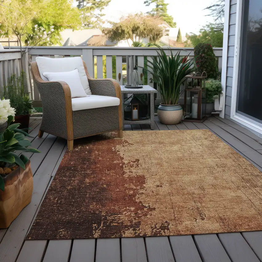 Tan And Copper Abstract Washable Indoor Outdoor Area Rug Photo 5
