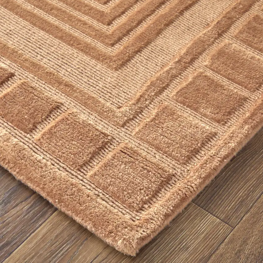 Tan And Gold Wool Geometric Hand Knotted Area Rug Photo 3
