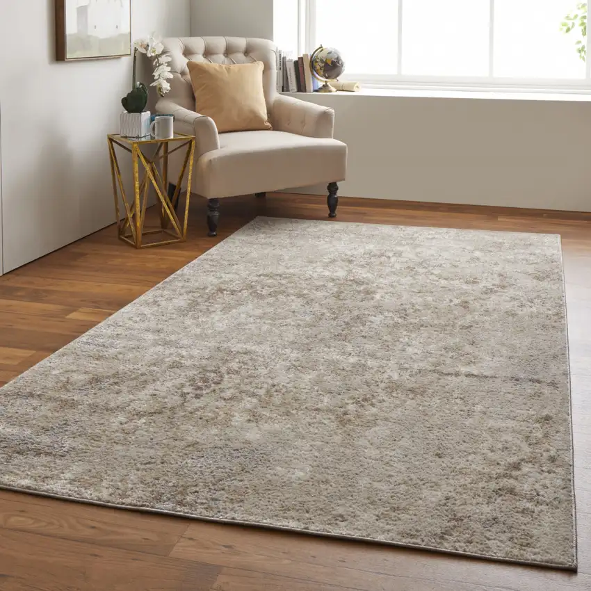Tan And Ivory Abstract Power Loom Distressed Area Rug Photo 7
