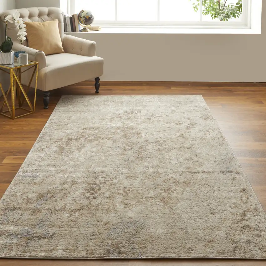 Tan And Ivory Abstract Power Loom Distressed Area Rug Photo 6