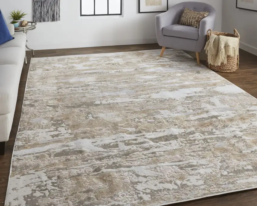 Tan And Ivory Abstract Power Loom Distressed Area Rug Photo 7