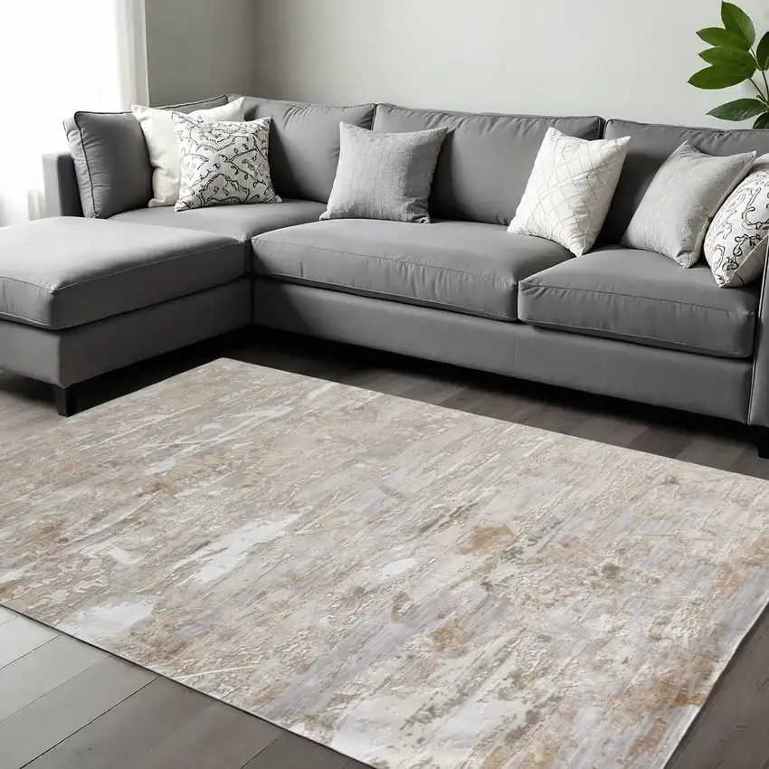 Ivory Gray And Tan Abstract Distressed Area Rug Photo 1