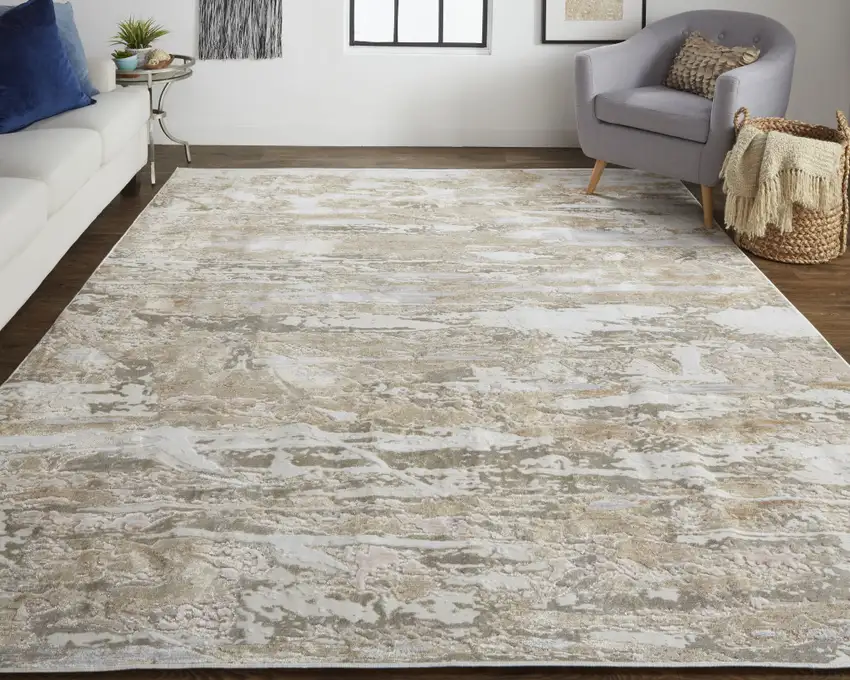 Tan And Ivory Abstract Power Loom Distressed Area Rug Photo 6