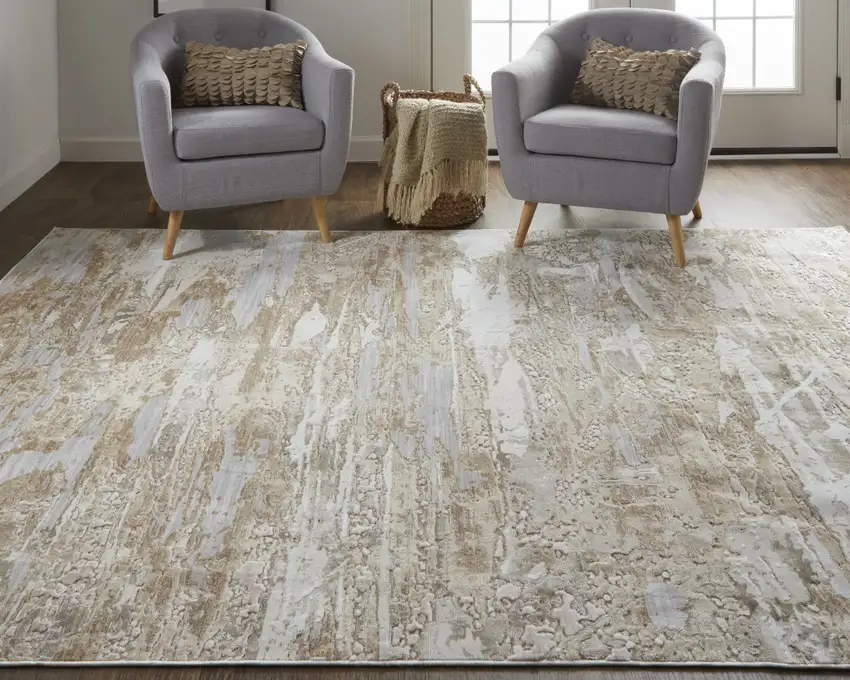 Tan And Ivory Abstract Power Loom Distressed Area Rug Photo 8