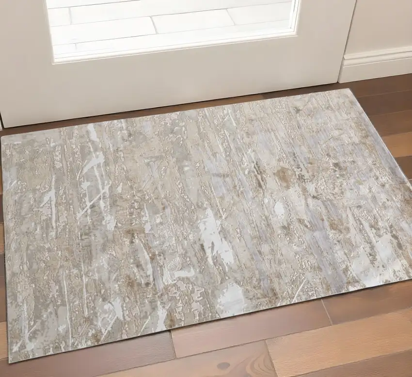 Ivory Gray And Tan Abstract Distressed Area Rug Photo 1