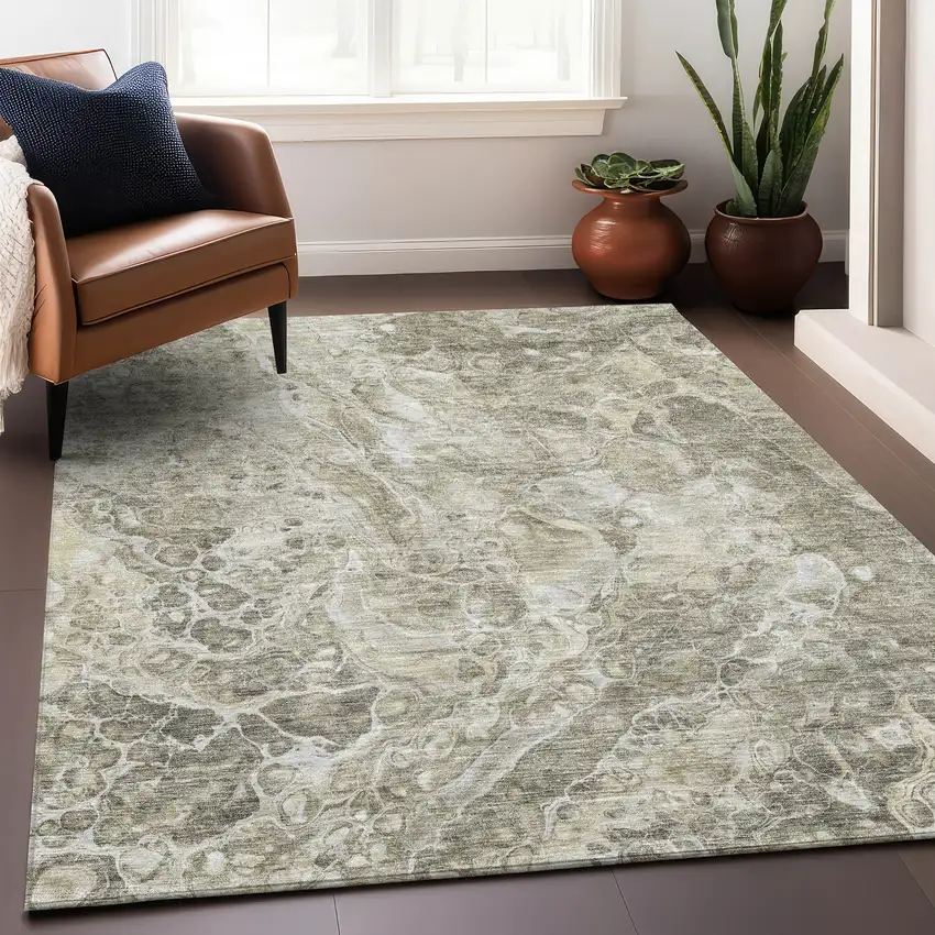 Tan And Ivory Abstract Washable Area Rug With UV Protection Photo 5
