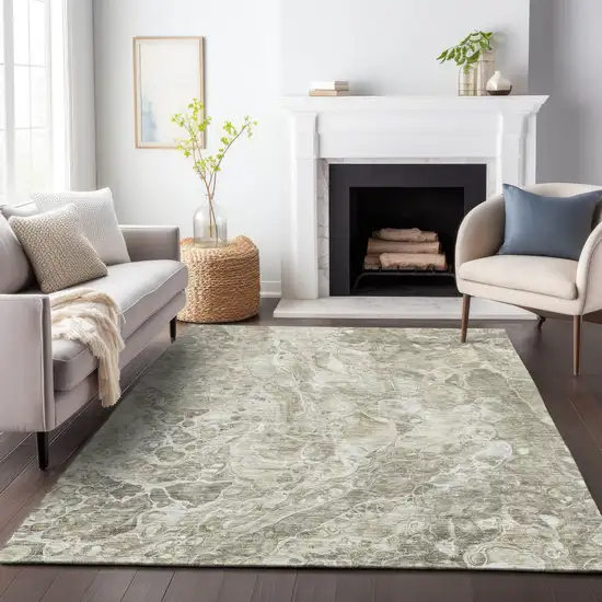 Tan And Ivory Abstract Washable Area Rug With UV Protection Photo 4