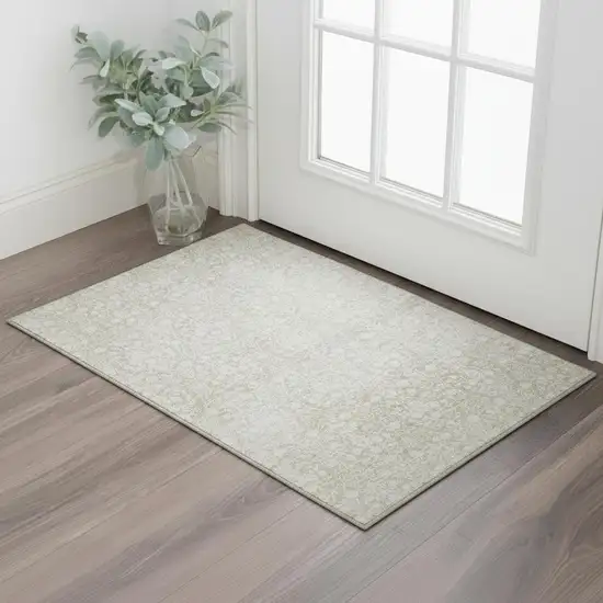 Tan And Ivory Damask Washable Area Rug With UV Protection Photo 2