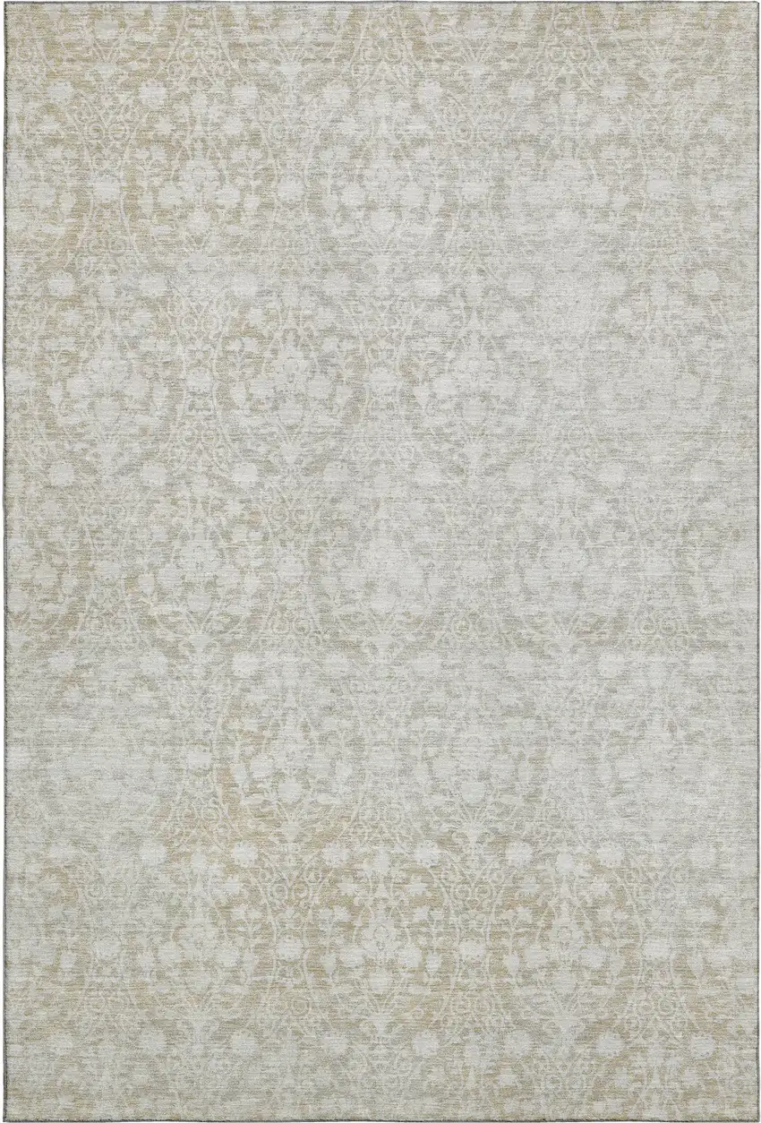 Tan And Ivory Damask Washable Area Rug With UV Protection Photo 1
