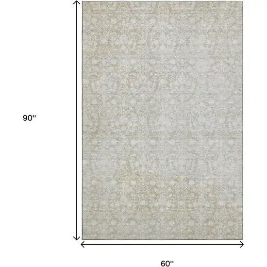 Tan And Ivory Damask Washable Area Rug With UV Protection Photo 7