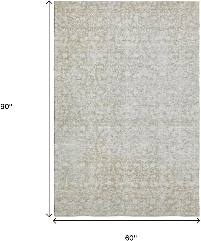 Tan And Ivory Damask Washable Area Rug With UV Protection Photo 7