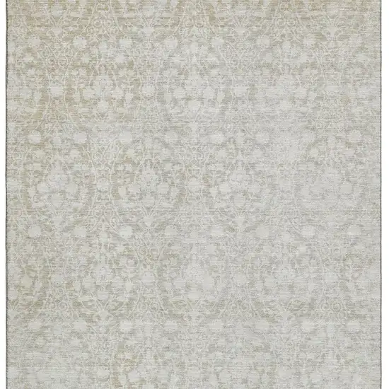 Tan And Ivory Damask Washable Area Rug With UV Protection Photo 2