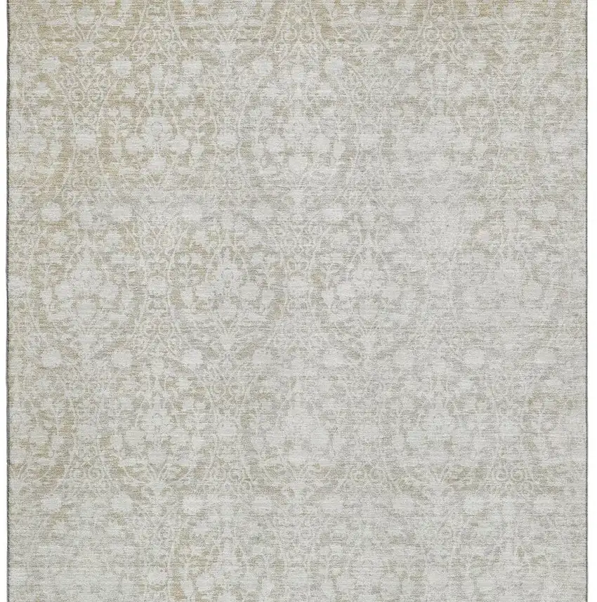 Tan And Ivory Damask Washable Area Rug With UV Protection Photo 2