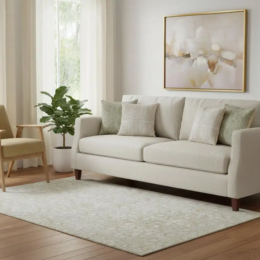 Tan And Ivory Damask Washable Area Rug With UV Protection Photo 2