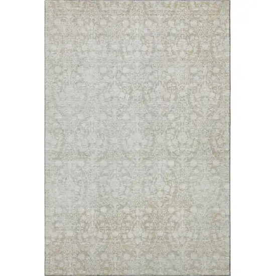 Tan And Ivory Damask Washable Area Rug With UV Protection Photo 3