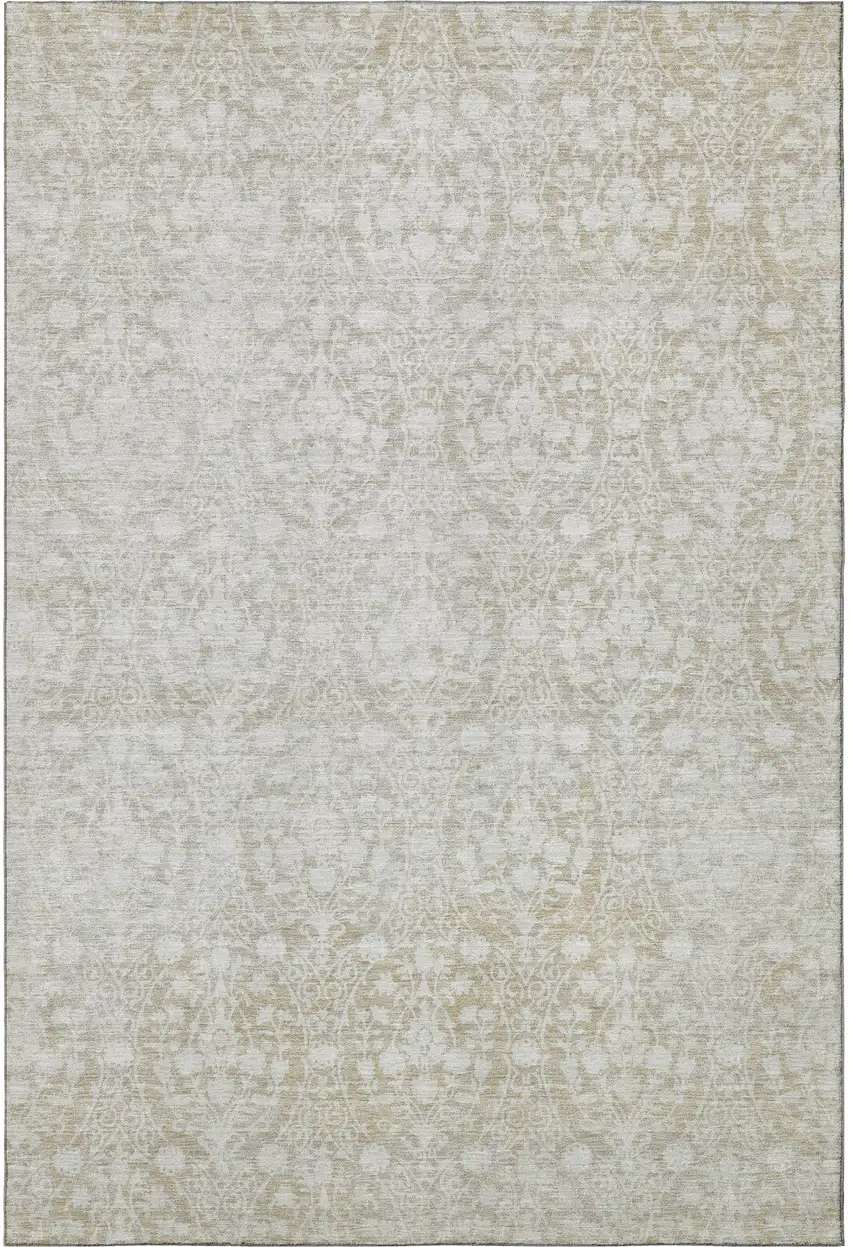 Tan And Ivory Damask Washable Area Rug With UV Protection Photo 3